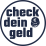 Logo von Check-Dein-Geld.de, Blauer Schriftzug und Münzstapel mit Euro-Zeichen