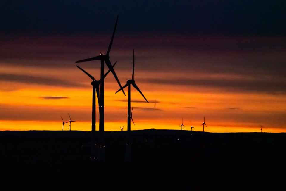 Windräder vor Sonnenuntergang: Warum Ökostrom teurer als normaler Strom sein kann. Finde Deinen günstigen Stromtarif!