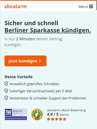 Screenshot: Sparkasse Konto kündigen mit Aboalarm Kündigungsservice