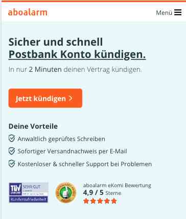 Postbank Konto kündigen mit Aboalarm Screenshot